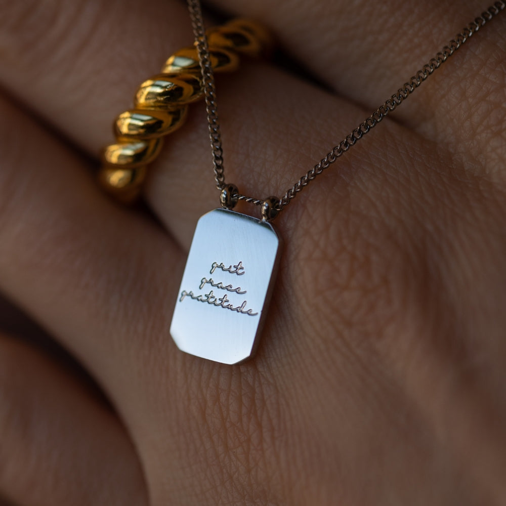 Grit Grace Gratitude - note to self mantra personal message dainty pendant necklace - Mantra by MantraBand