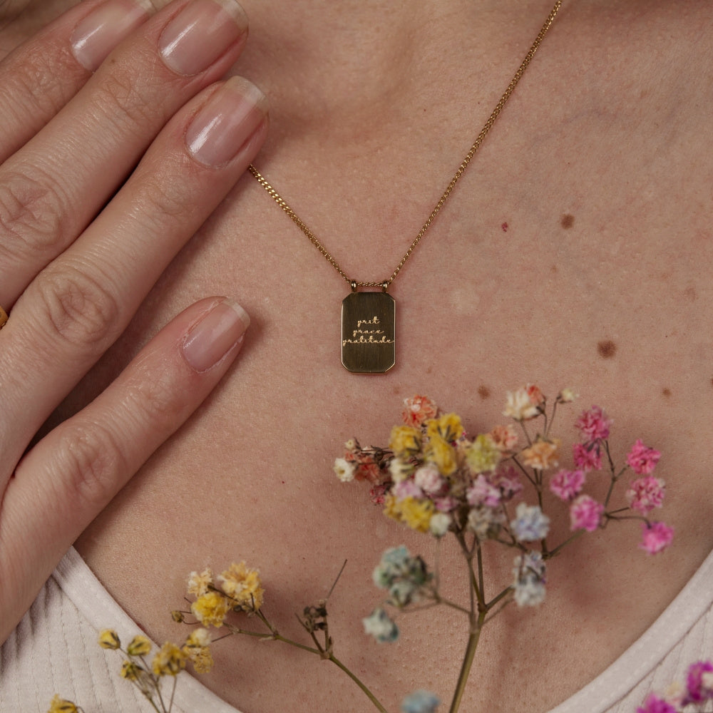 Grit Grace Gratitude - note to self mantra personal message dainty pendant necklace - Mantra by MantraBand