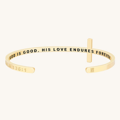 Cross Bracelet - Bible Verse Psalm 136 - God Is Good His Love Endures Forever - Mantra by MantraBand